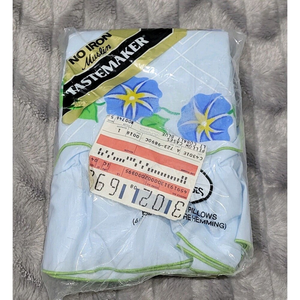 Tastemaker Muslin Glorious Morning Glory Blue Floral Vtg 2 Standard Pillow Cases
